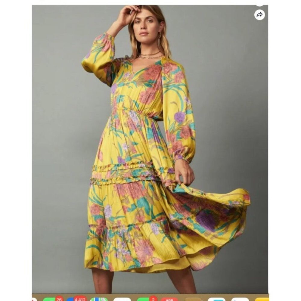 Current Air Marigold Floral Maxi Dress V-Neck womens size large long sleeve new - Picture 1 of 15